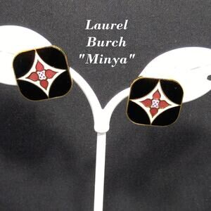 Laurel Burch Minya Earrings Cloisonne Black Red Gold Vintage 1980s